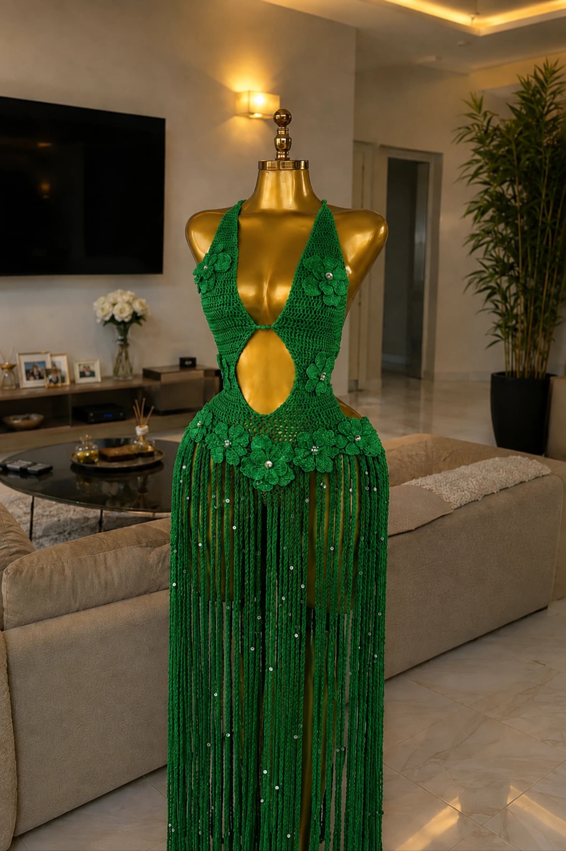 SERAPHINE  FRINGE DRESS (Green&White)